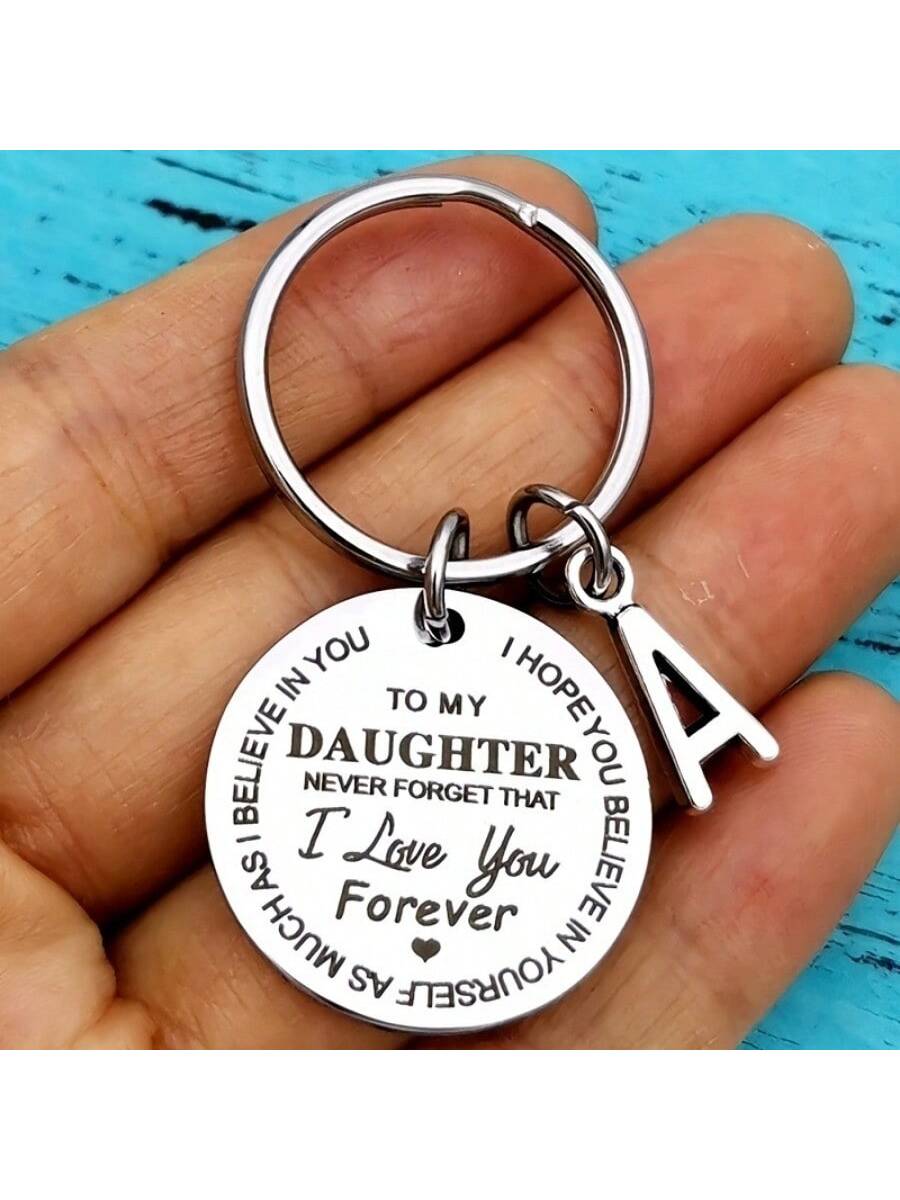 1pc DAUGHTER Initials A-Z Pendant Key Ring Round Stainless Steel Laser Engraving Love Personalized Keychain for Son or Daughter - Perfect Birthday or Christmas Stocking Gift