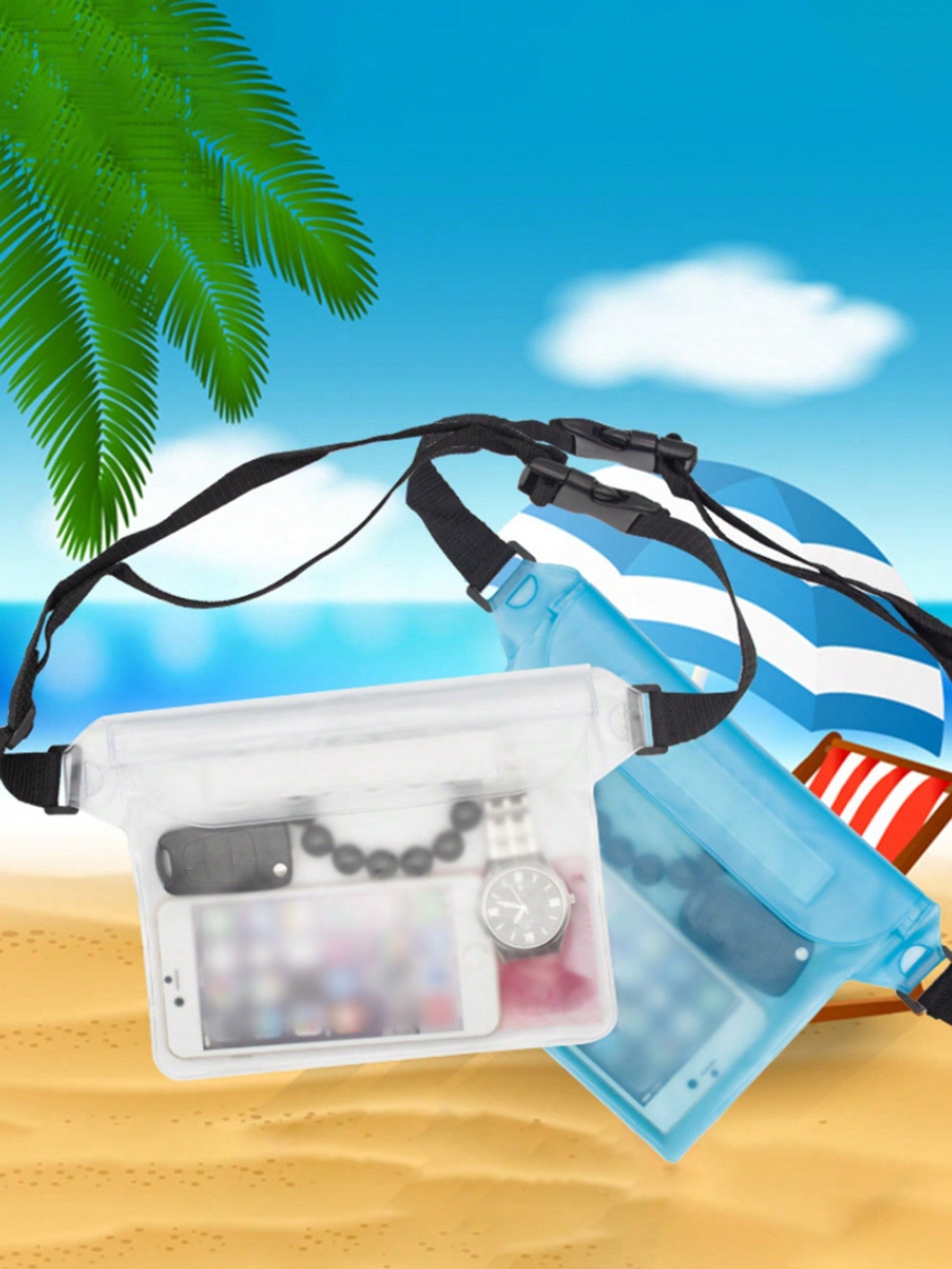 1/2pcs, Outdoor Solid Color Sports Waist Bag, Shoulder Bag, Drifting Beach Phone Waterproof Bag, PVC Three-Layer Sealed Touch Screen Phone Waterproof Waist Bag, Camera Bag, Wash Bag, Plastic Makeup Storage Bag, Outdoor Multifunctional Wash Bag, Printed S