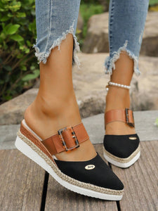 Women's Platform & Wedge Slip-On Sandals (Run Small 1 Size), Straw Braid Thick Bottom Shoes, Peep Toe Buckle Strap Shoes, Black Suede Chunky Heel Plus Size Half Platform Sandals