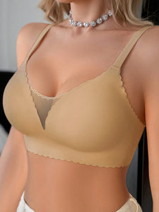 NudeFit 1pc Seamless Mesh Splice Solid Wave Hem Adjustable Wire-Free Removable Padded Bra For Women