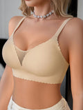NudeFit 1pc Seamless Mesh Splice Solid Wave Hem Adjustable Wire-Free Removable Padded Bra For Women