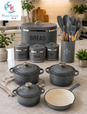 Cast Iron Pot, Bread Bin And Utensil Combo