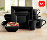 SH 16 Piece Square Ceramic Dinner Set - Black