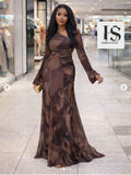 Ladies’ Brown Camo-Inspired Long Sleeve Maxi Dress