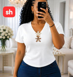 Ladies’ SH Floral Neck Detail Short Sleeve T-Shirt