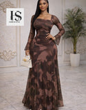 Ladies’ Brown Camo-Inspired Long Sleeve Maxi Dress