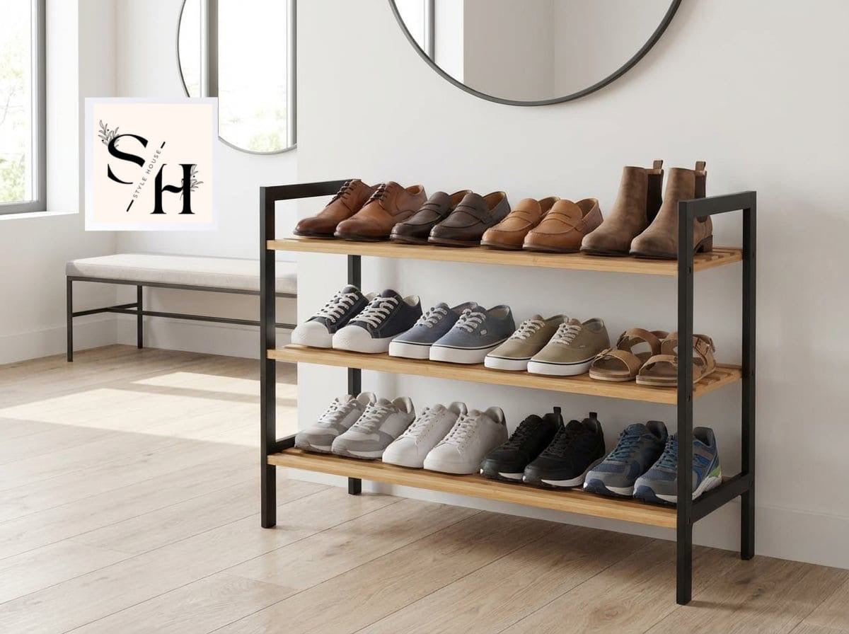 SH Three-Tier Wooden & Metal Shoe Rack