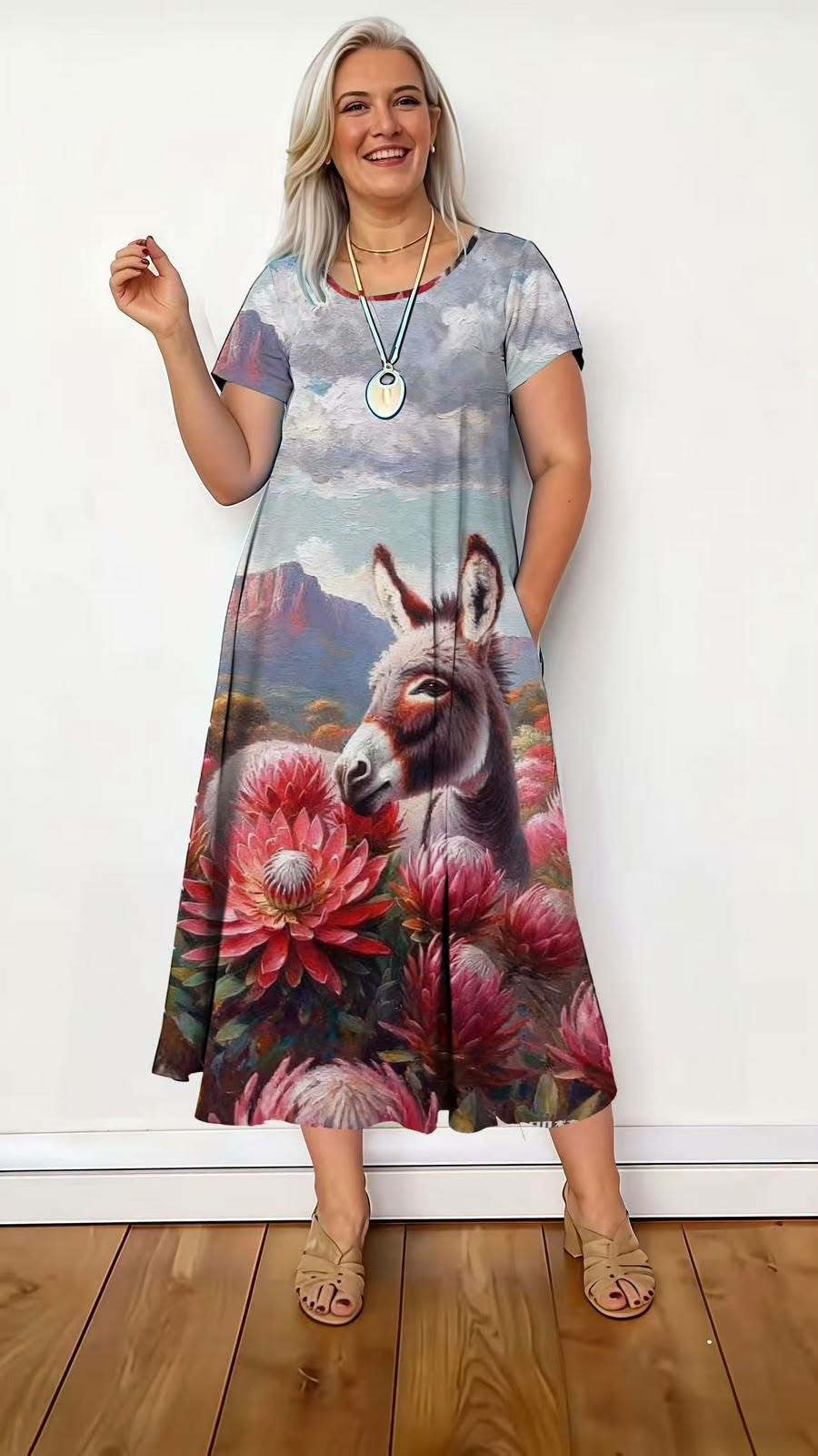 Pink Protea & Donkey Printed Dress
