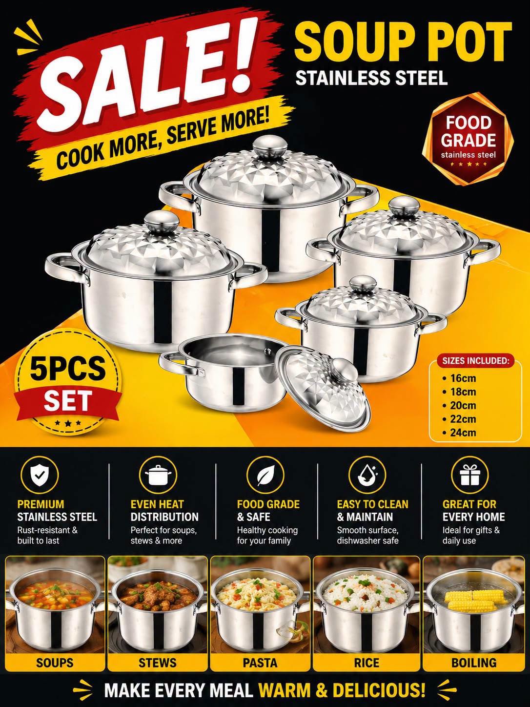 5-Piece Stainless Steel Pot Set