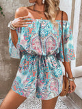 Breezaya Vacation Printed Off-Shoulder Bell-Sleeve Jumpsuit