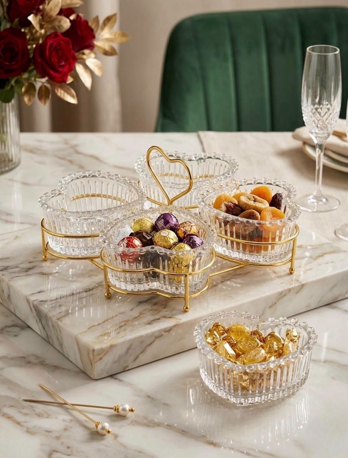 Heart-Shaped 4-Piece Glass Bowl Set With Serving Stand