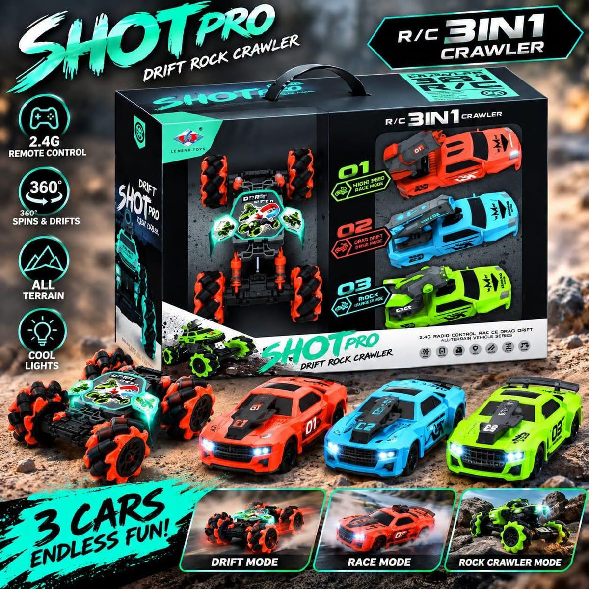 3-in-1 RC Drift Rock Crawler Stunt Car