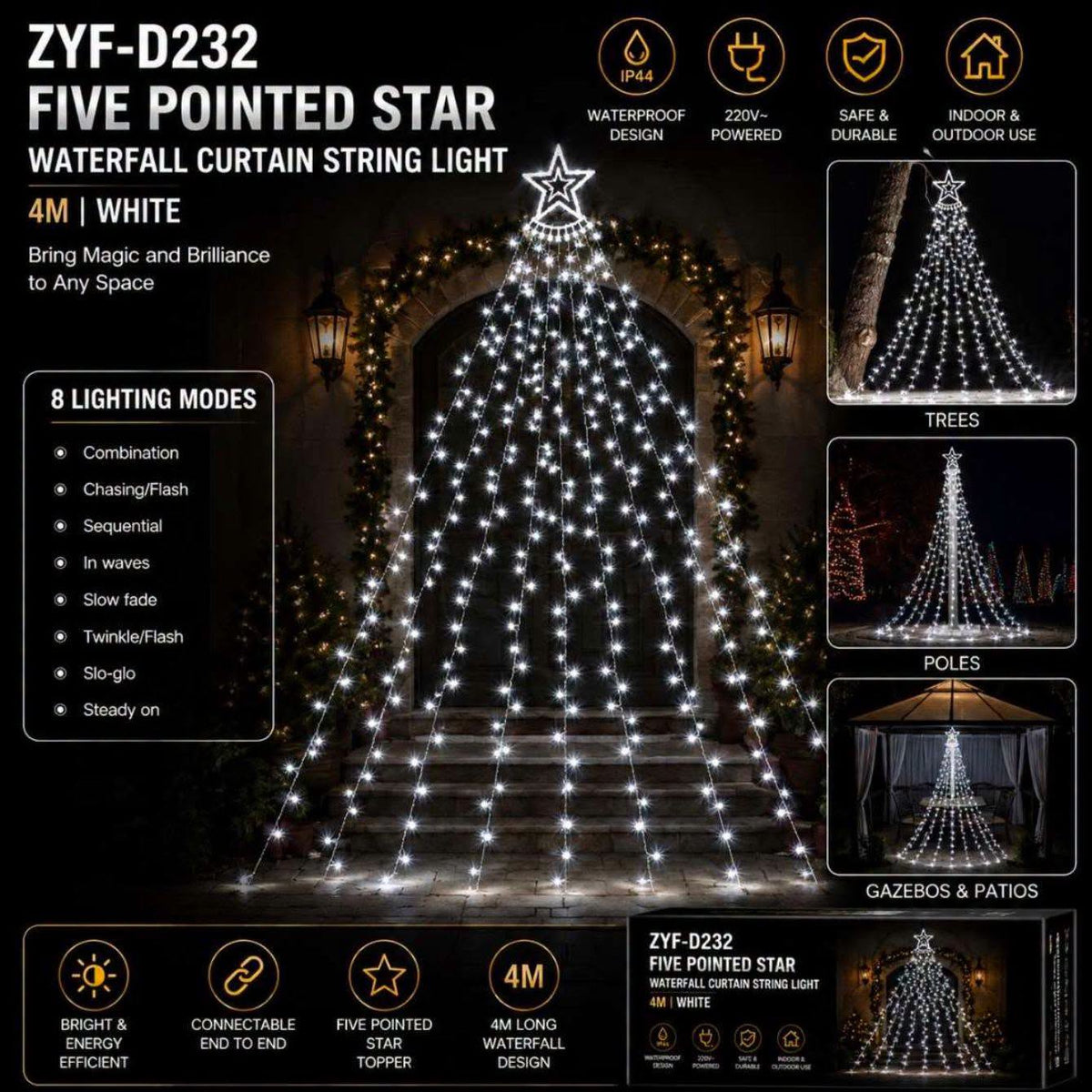 4m Star Waterfall Christmas Tree Lights - White