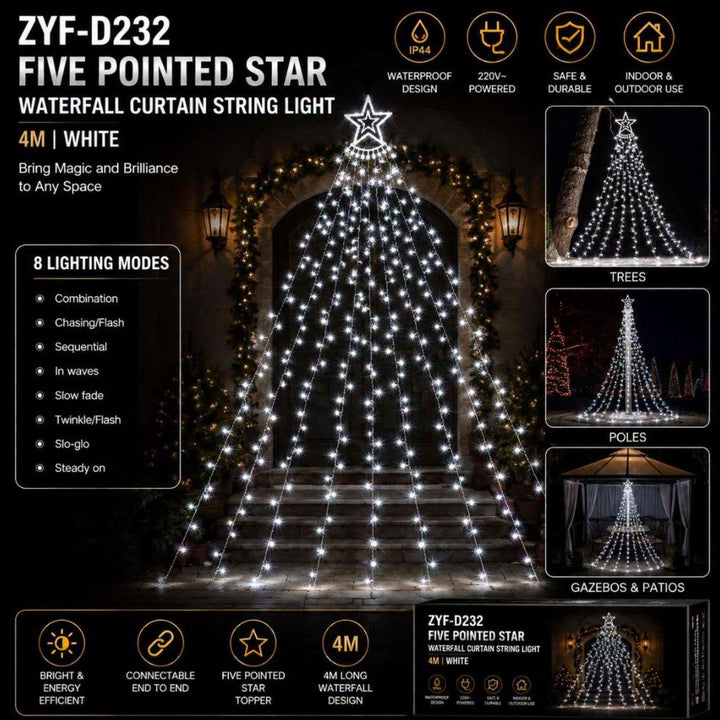 4m Star Waterfall Christmas Tree Lights - White