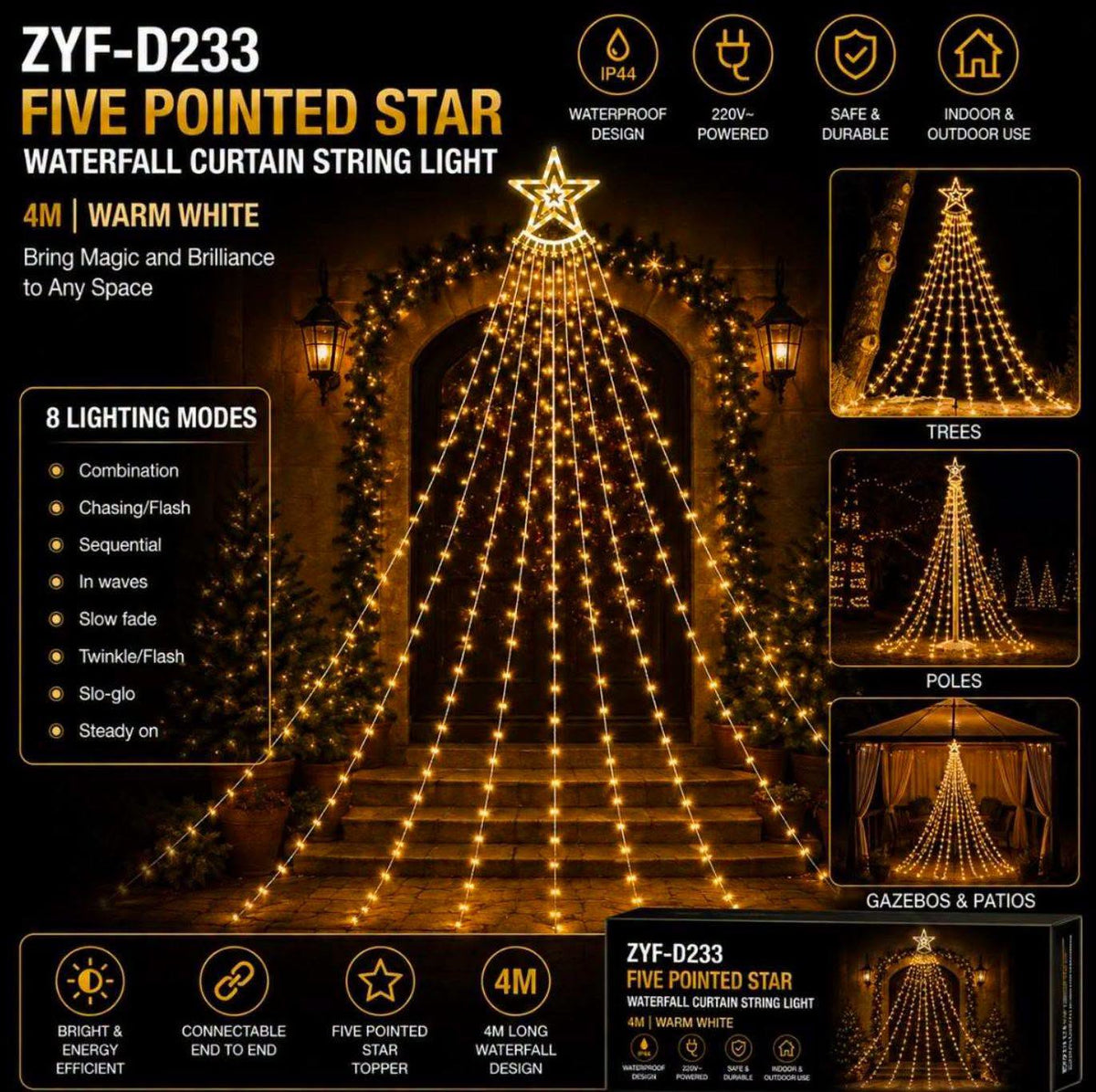 4m Star Waterfall Christmas Tree Lights - Warm White