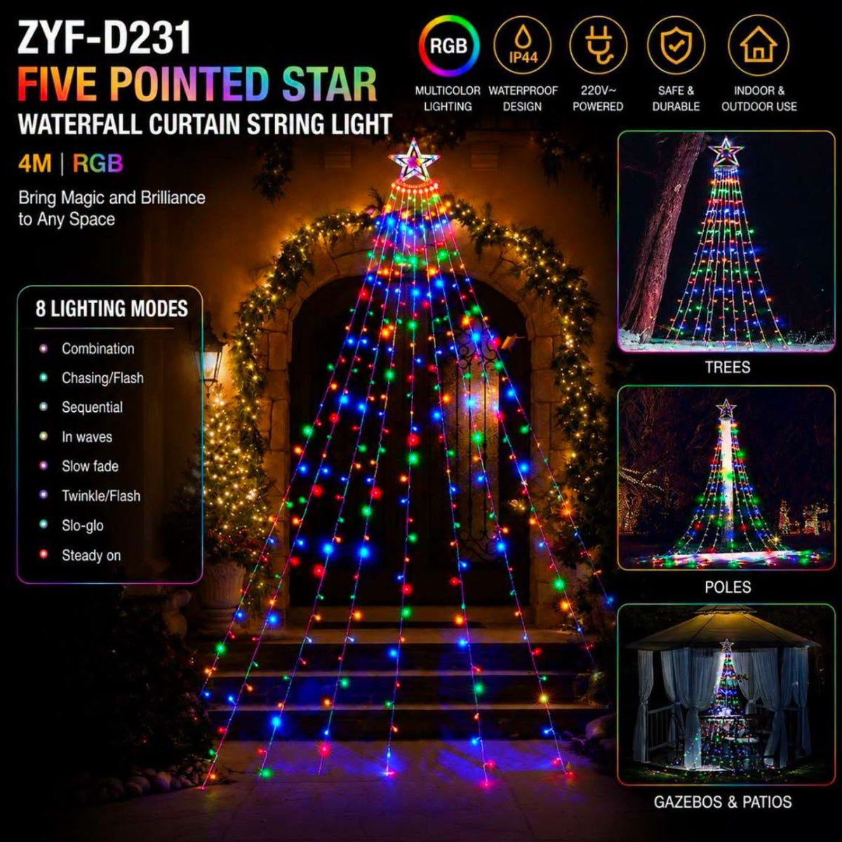 4m Star Waterfall Christmas Tree Lights - Multicolour