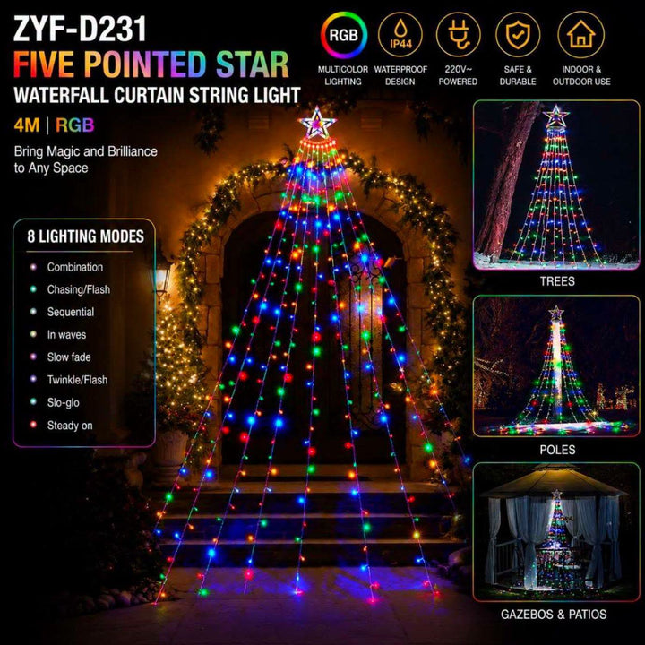 4m Star Waterfall Christmas Tree Lights - Multicolour