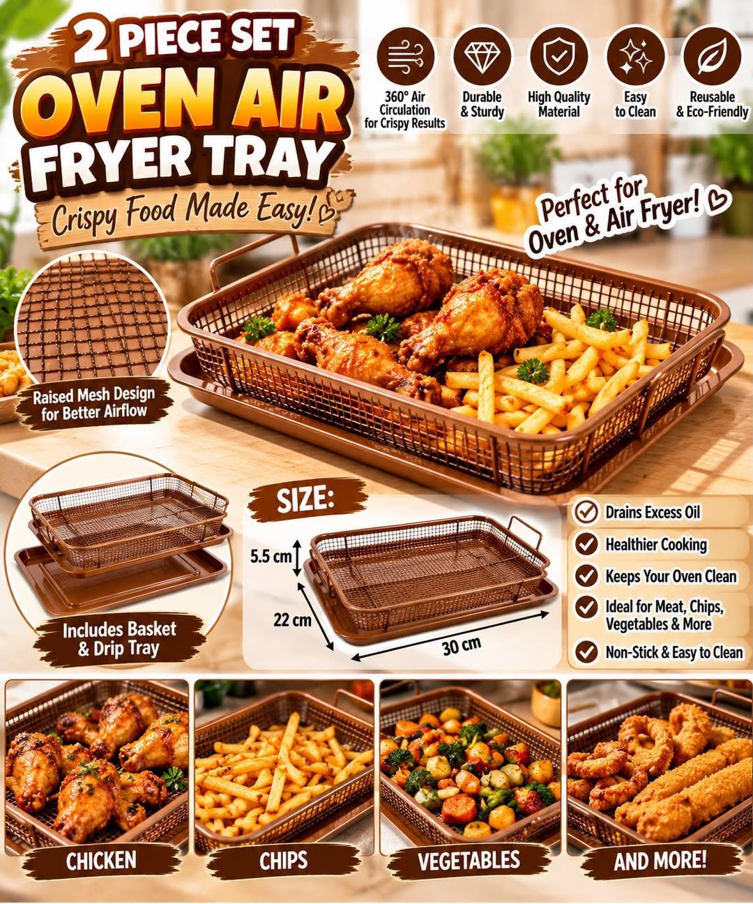 Oven Air Fryer Tray - 2-Piece Rectangular Set