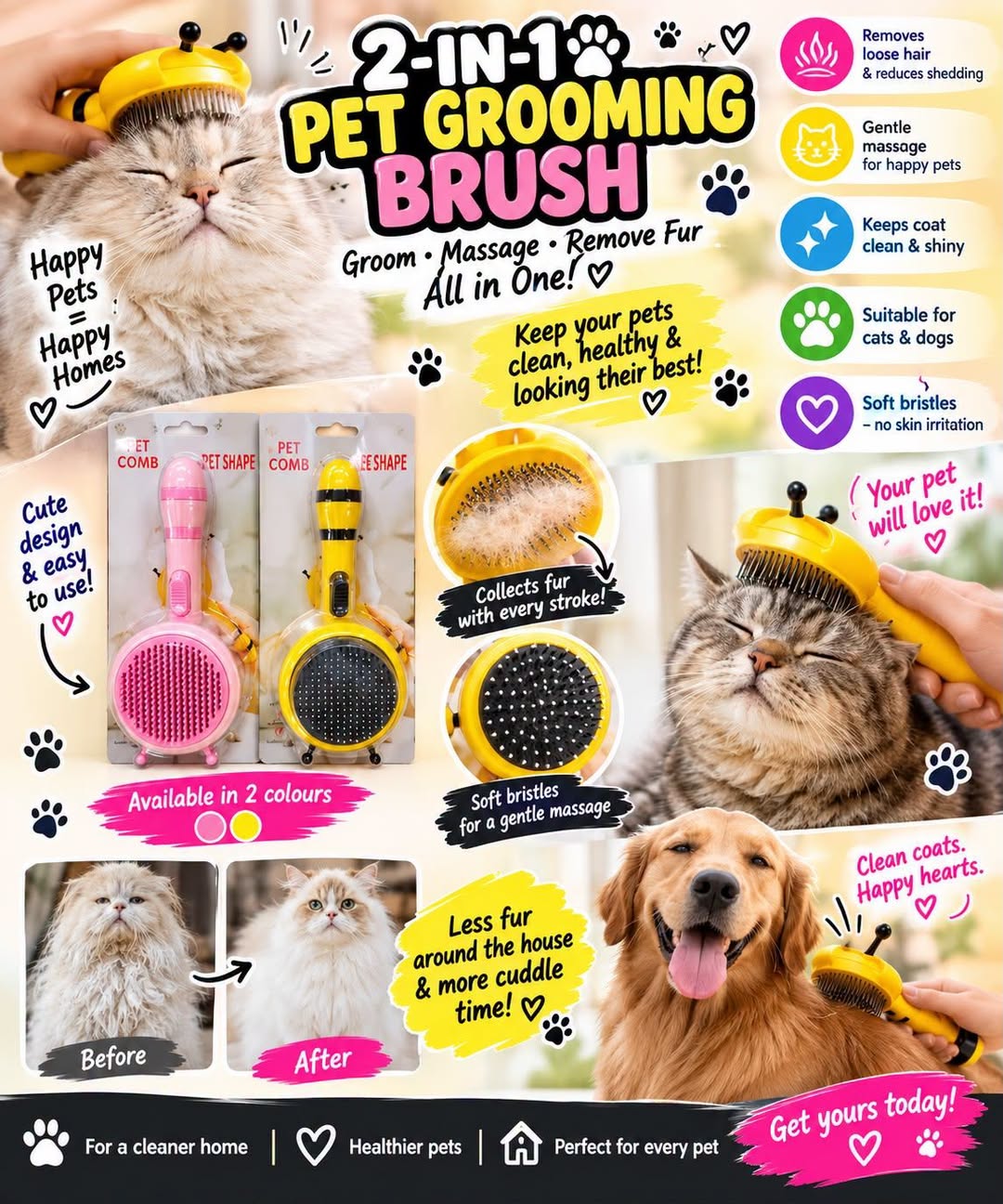 2-in-1 Pet Grooming Brush – Bee Design