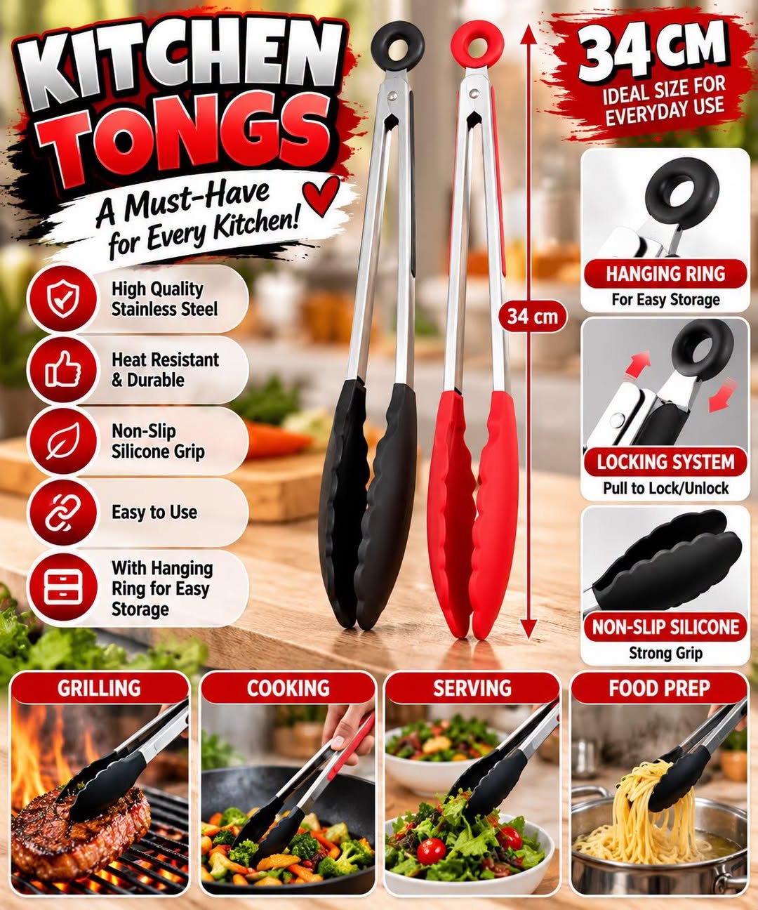 Silicone Kitchen Tongs - 34cm
