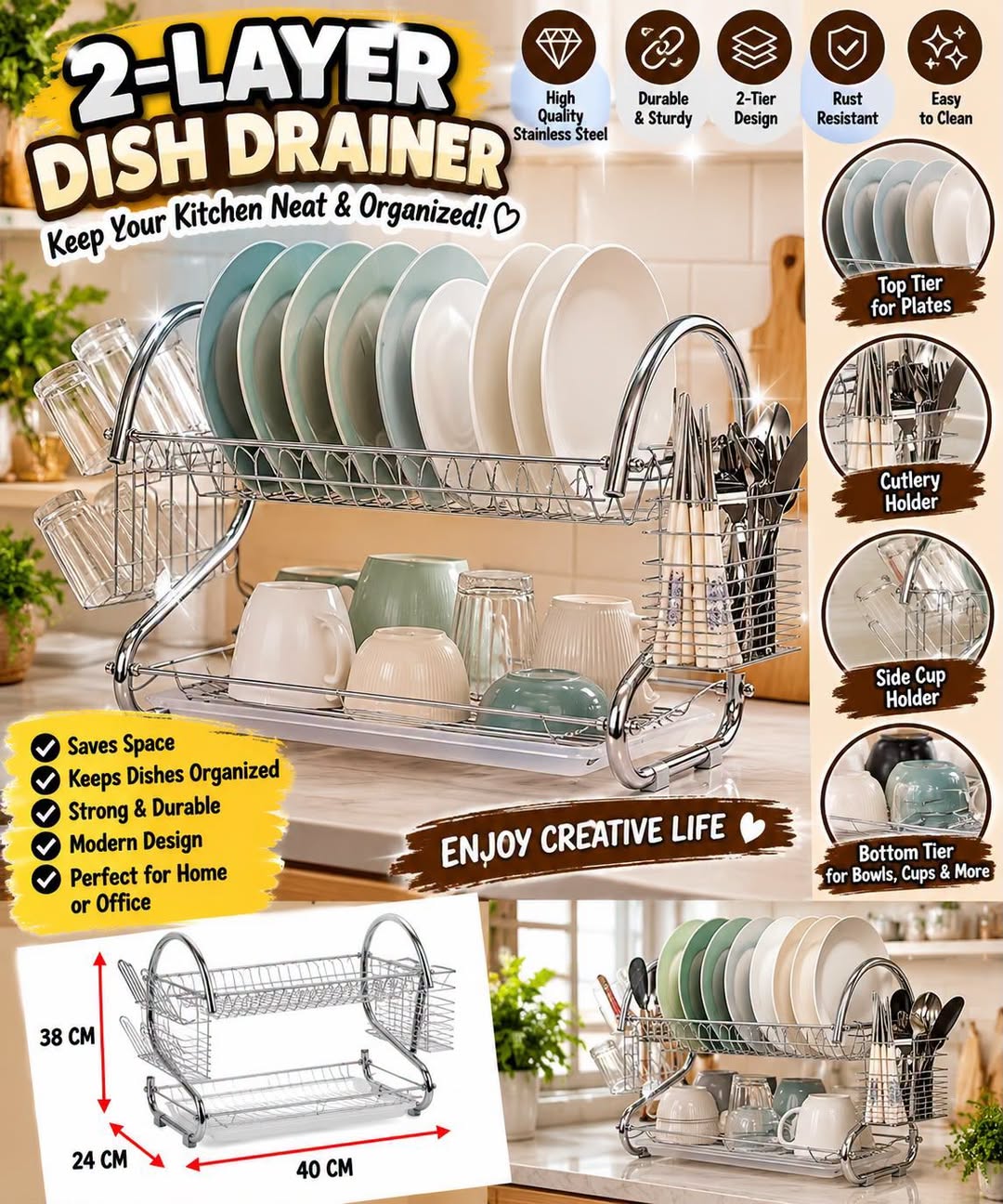 Stylish 2-Layer Stainless Steel Dish Rack