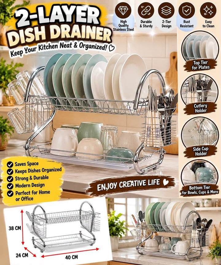Stylish 2-Layer Stainless Steel Dish Rack