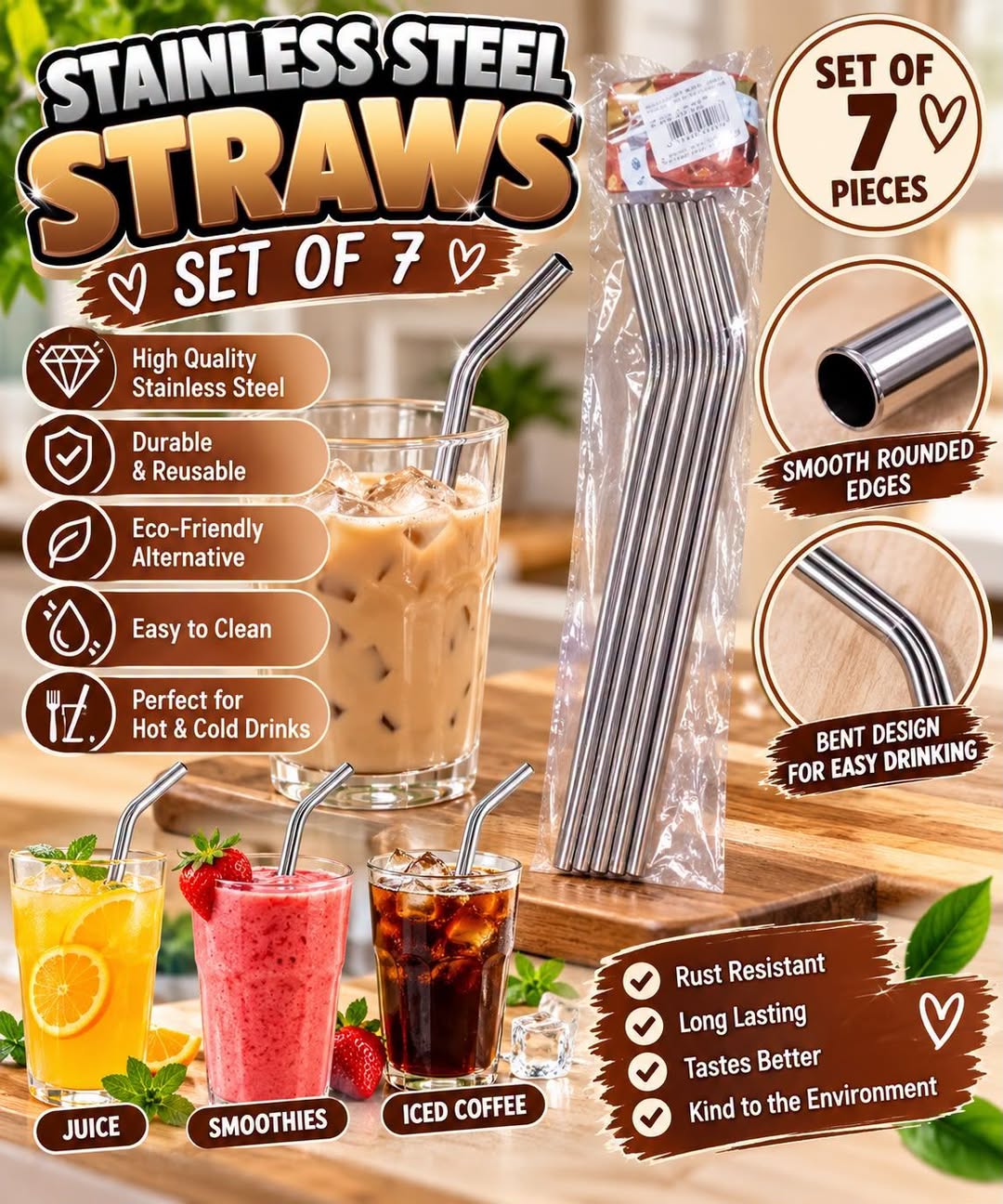 Stainless Steel Drinking Straws - 7-Piece Set