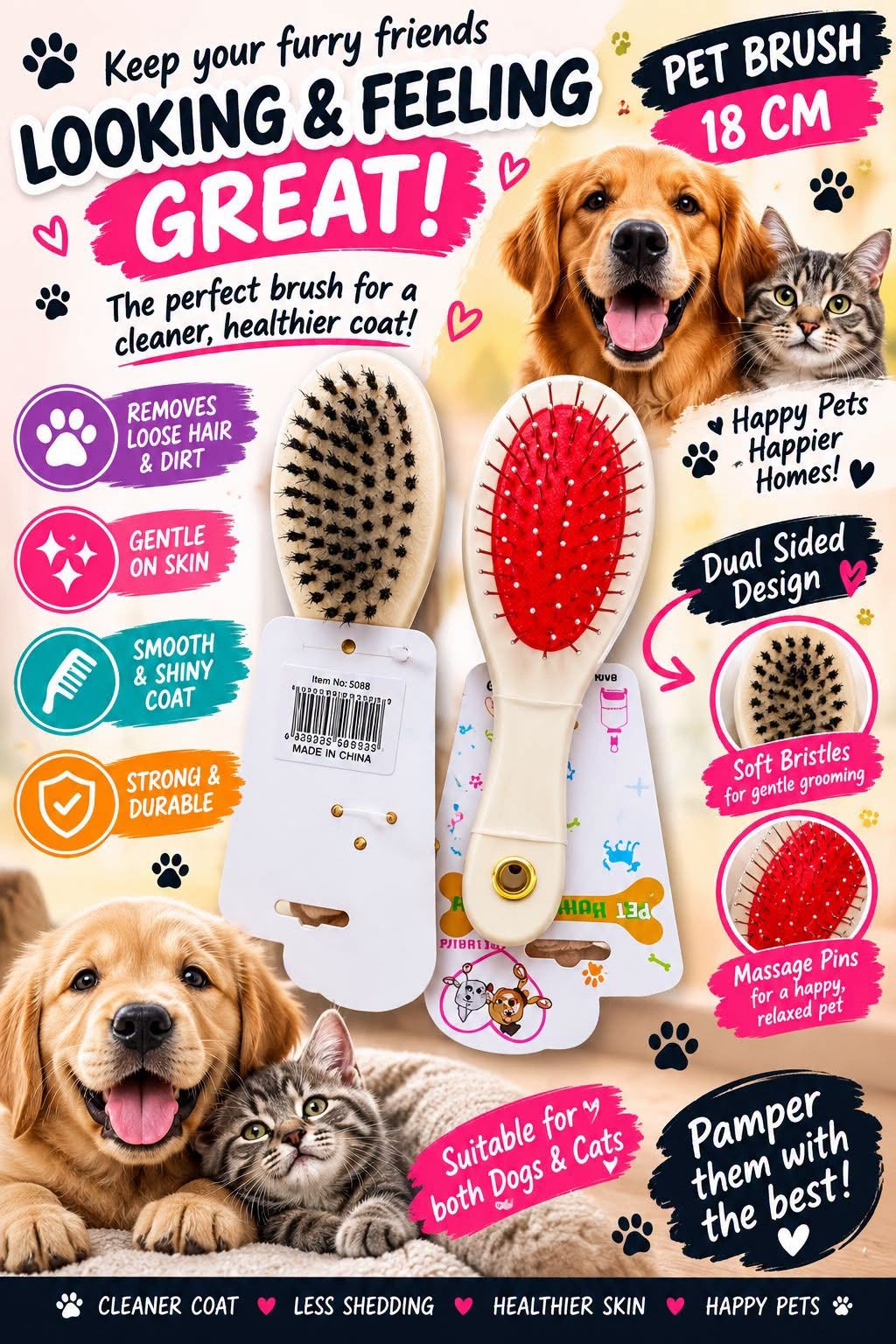 Double-Sided Pet Grooming Brush – 18cm