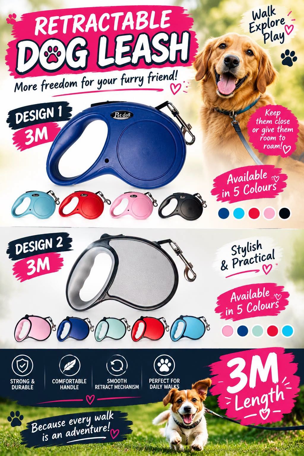 Retractable Dog Leash – 3 Metres