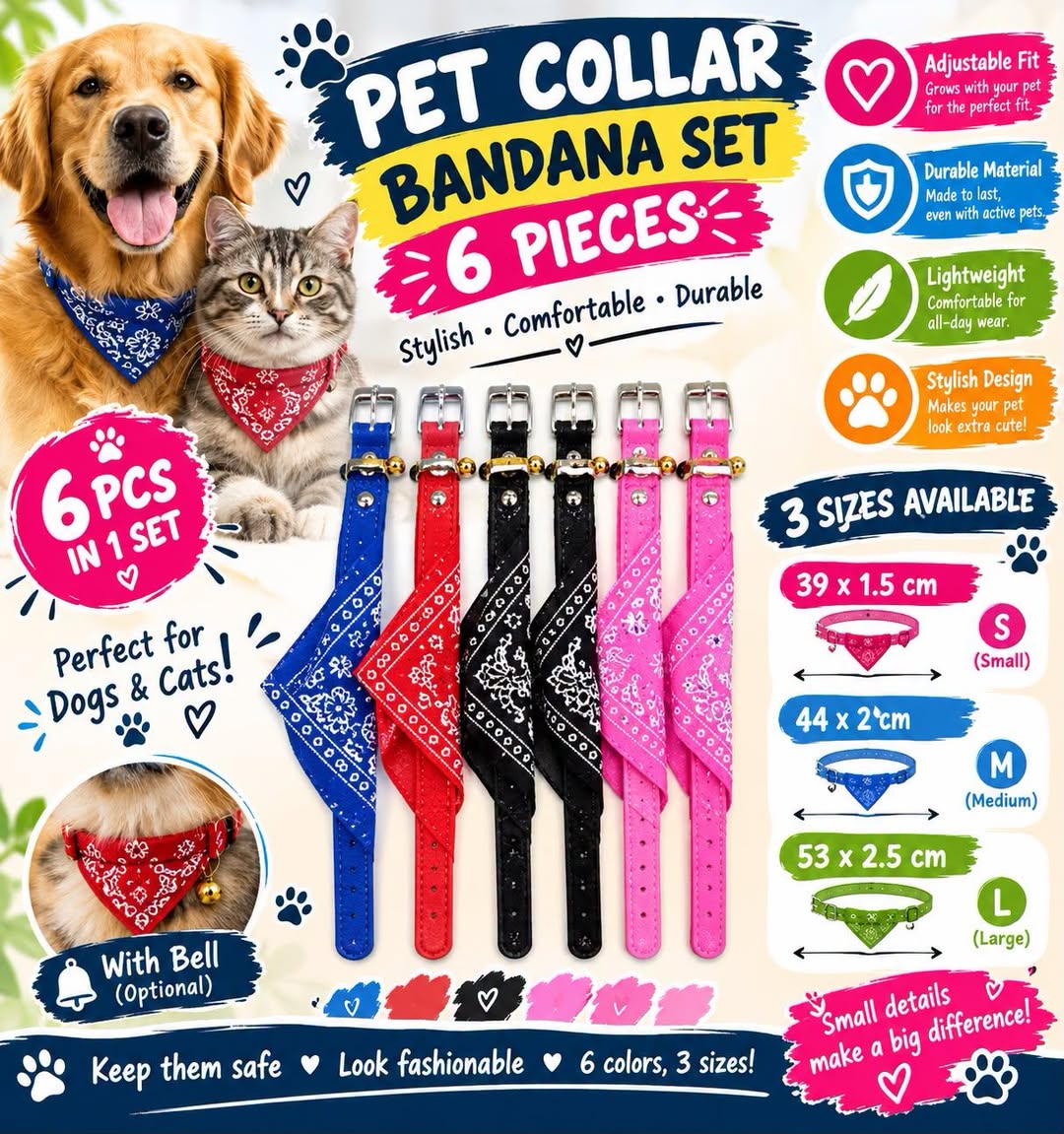 Pet Bandana Collars – Adjustable with Bell
