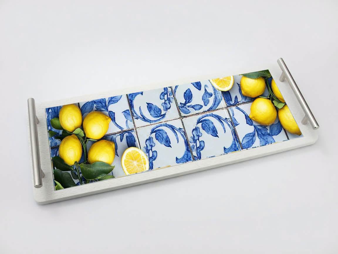 Ceramic Tile Serving Tray - Stainless Steel Handles