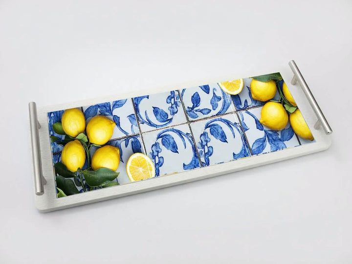 Ceramic Tile Serving Tray - Stainless Steel Handles