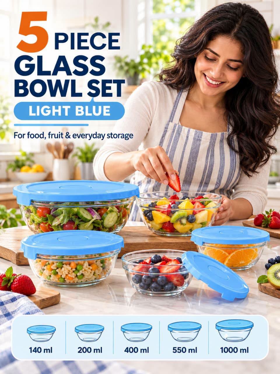 Glass Bowl Sets with Lids – 5 Piece Set