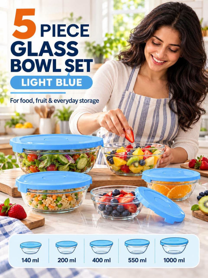 Glass Bowl Sets with Lids – 5 Piece Set