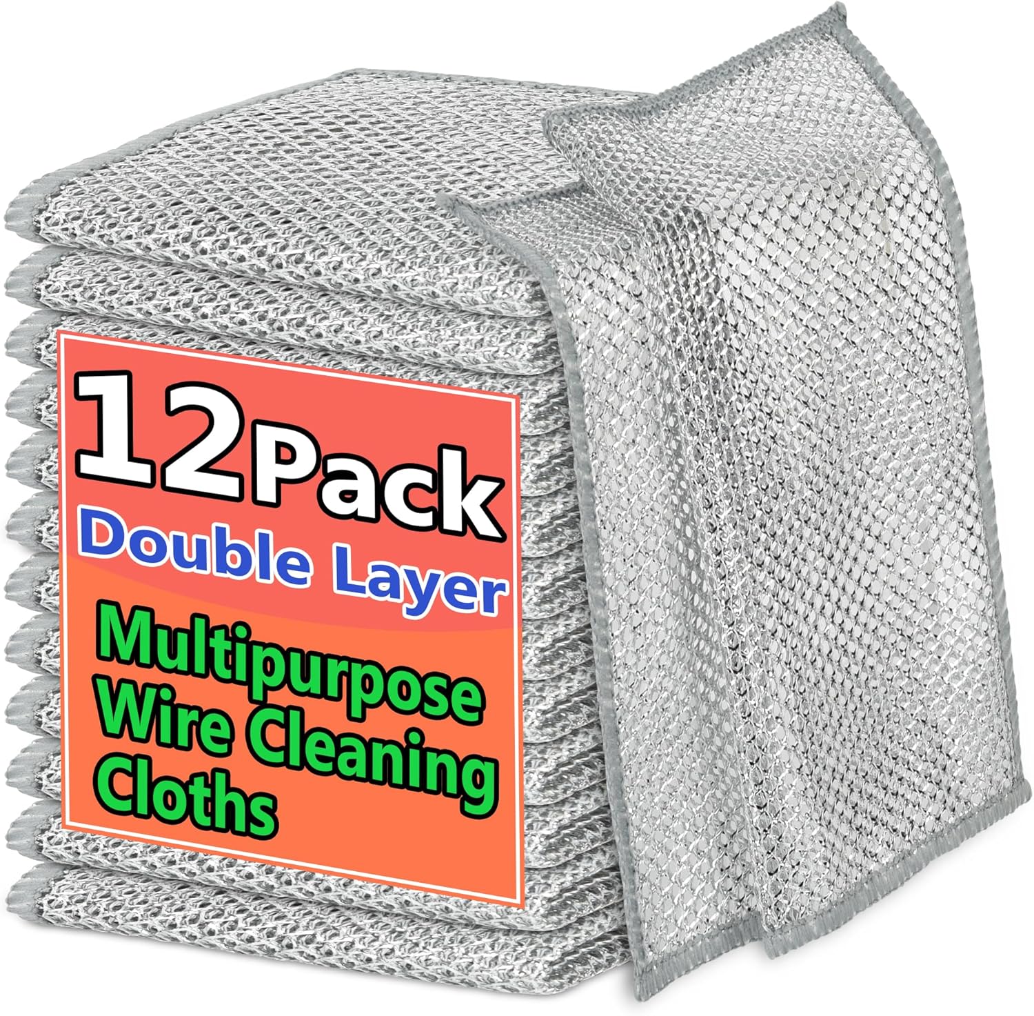 12PCS Double-Layer Wire Dishcloth, Non-Scratch Wire Dishwashing Rags, Multipurpose Wire Cleaning Cloths for Home/Kitchen(7.87''x7.87'')