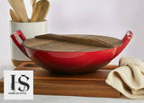 Cast Iron Wok Frying Pan With Wooden Lid
