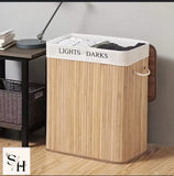 Double Compartment Bamboo Laundry Basket