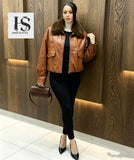 Ladies’ HS Leather Jacket With Fluffy Collar