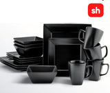 SH 16 Piece Square Ceramic Dinner Set - Black