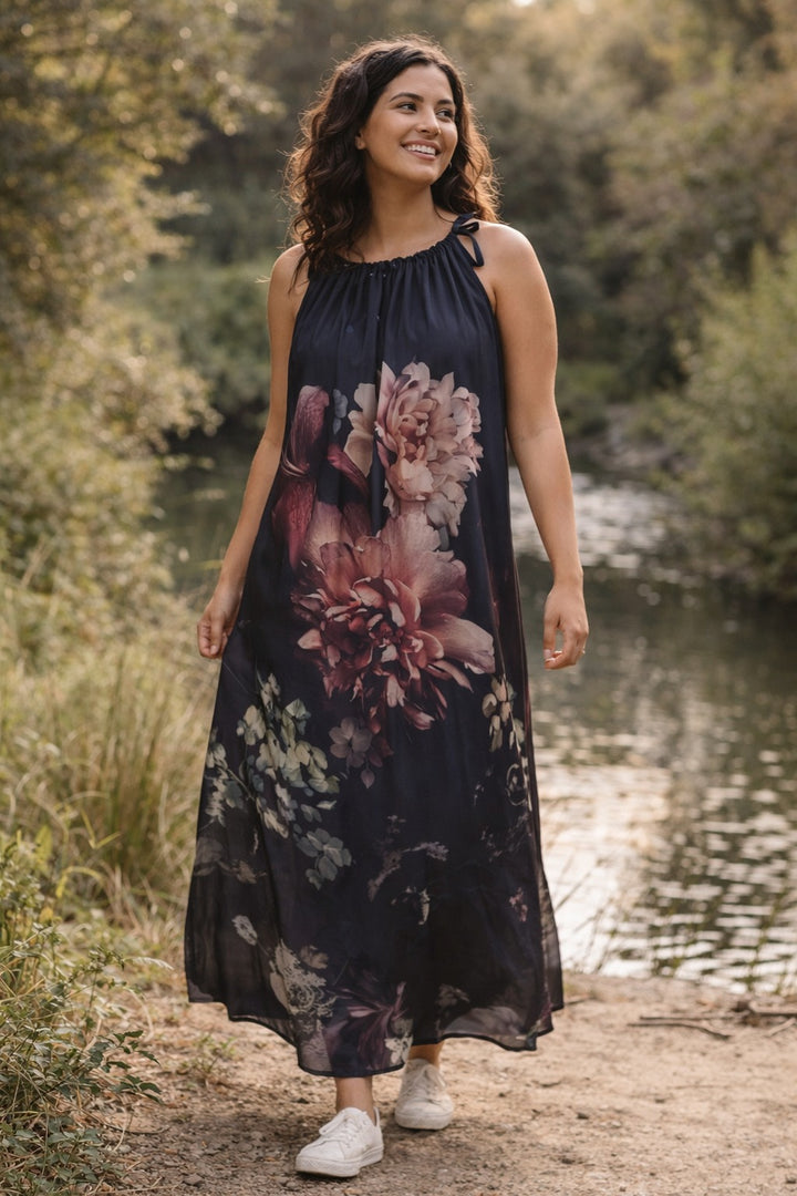 Black Peonies - Drawstring Dress