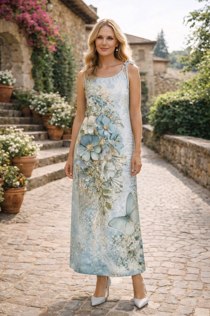 Blue Butterfly Drawstring Flow Dress