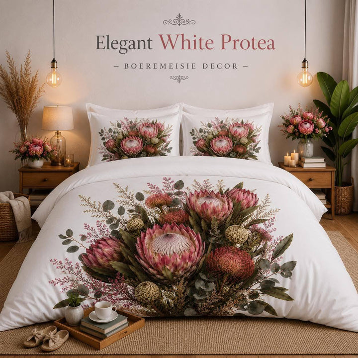 Elegant White Protea - Duvet Set