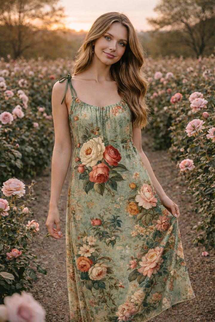 Green Roses - Drawstring Dress