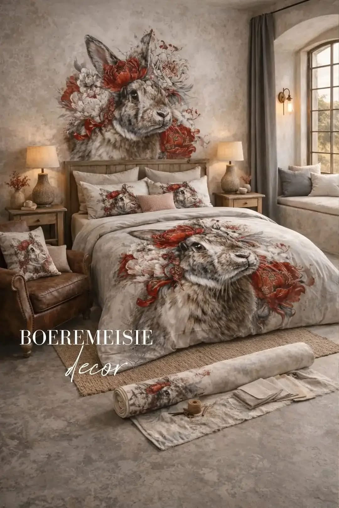 Vintage Red Flower Bunny Duvet Set