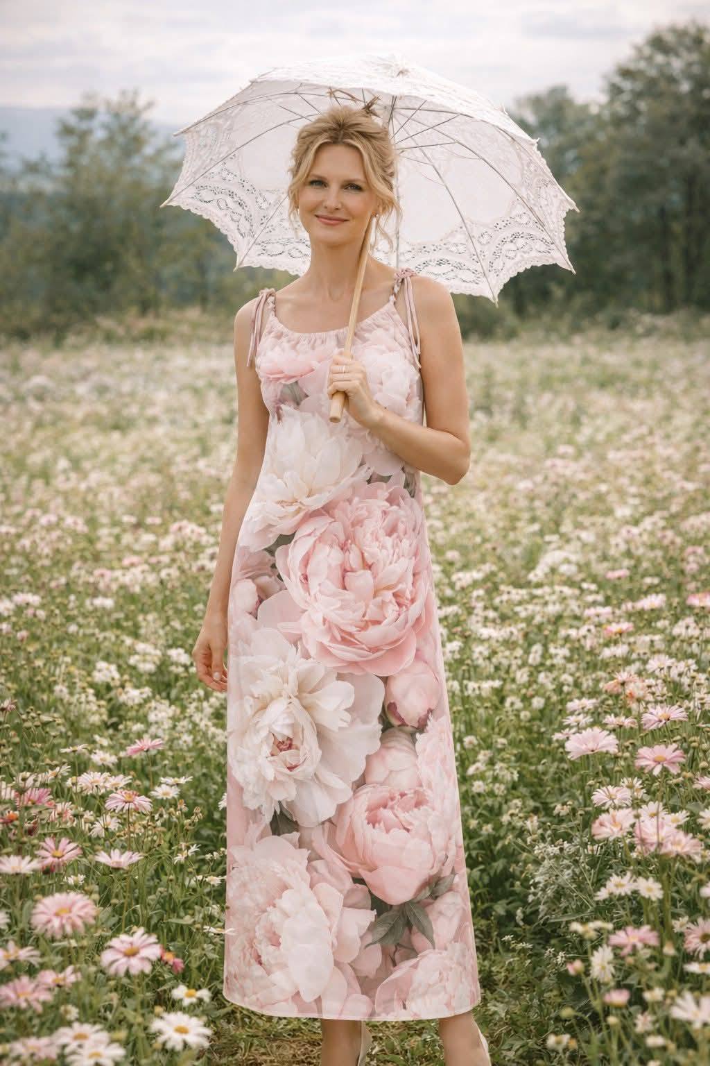 Light Pink Peonies Drawstring Flow Dress