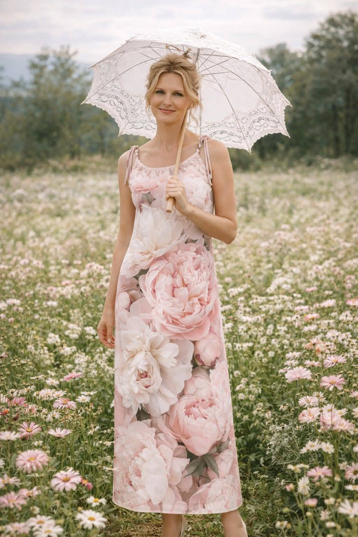 Light Pink Peonies Drawstring Flow Dress