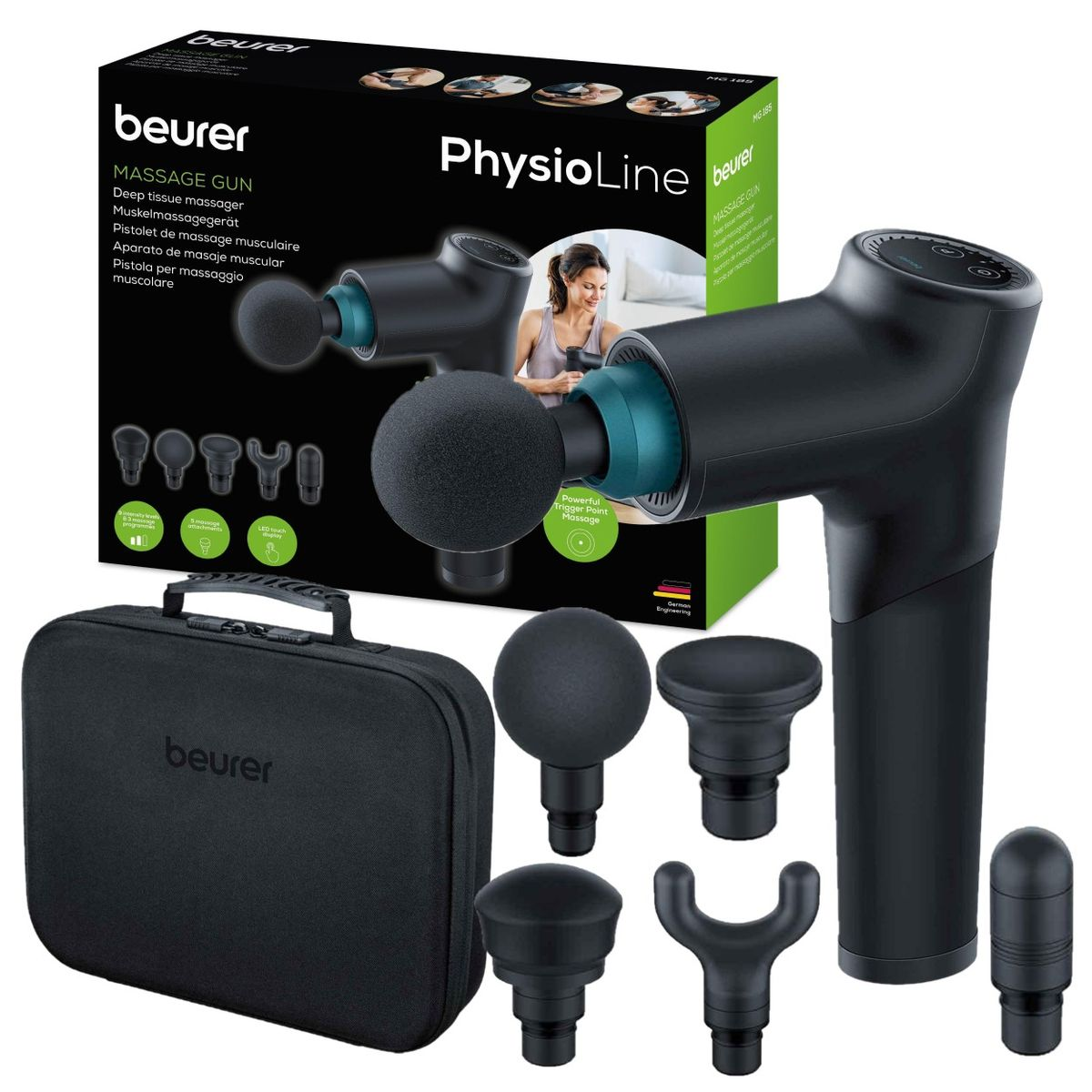 Beurer Massage Gun - 9 Intensity levels, 3 Programs, 5 Attachments: MG 185