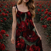 Red Flowers - Drawstring Dress
