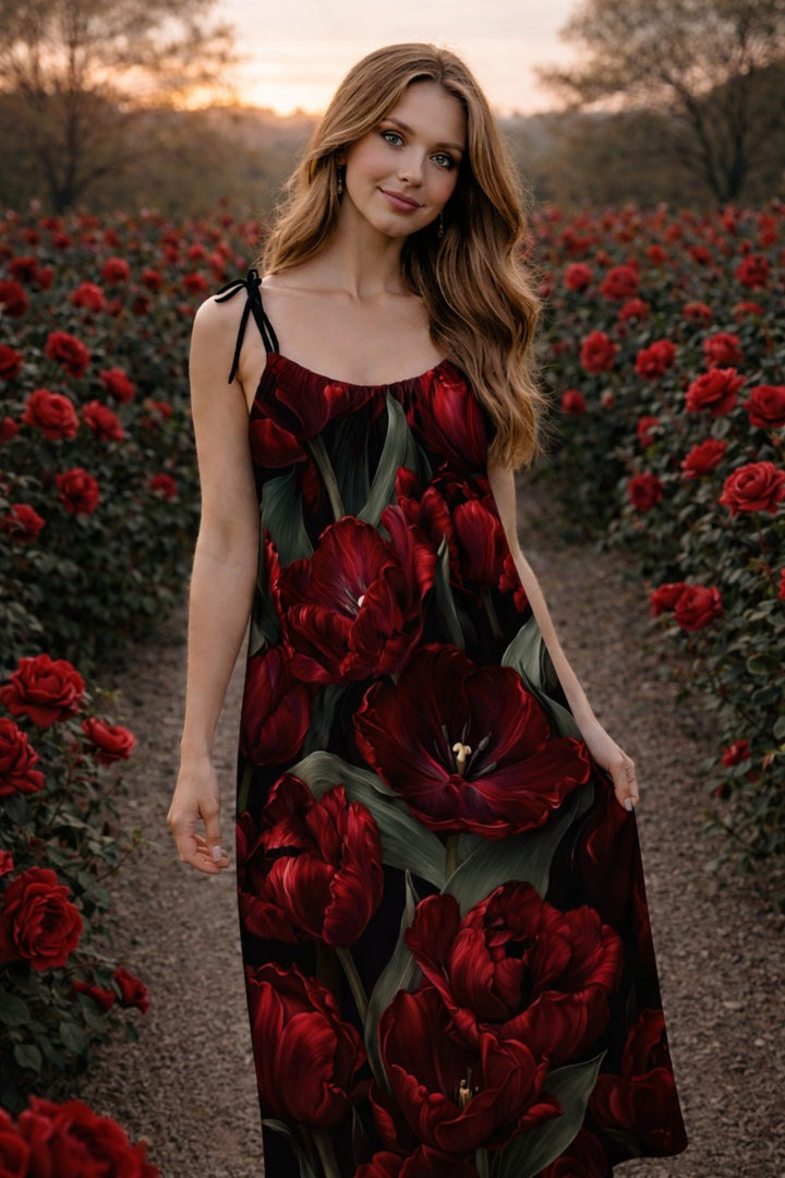 Red Flowers - Drawstring Dress