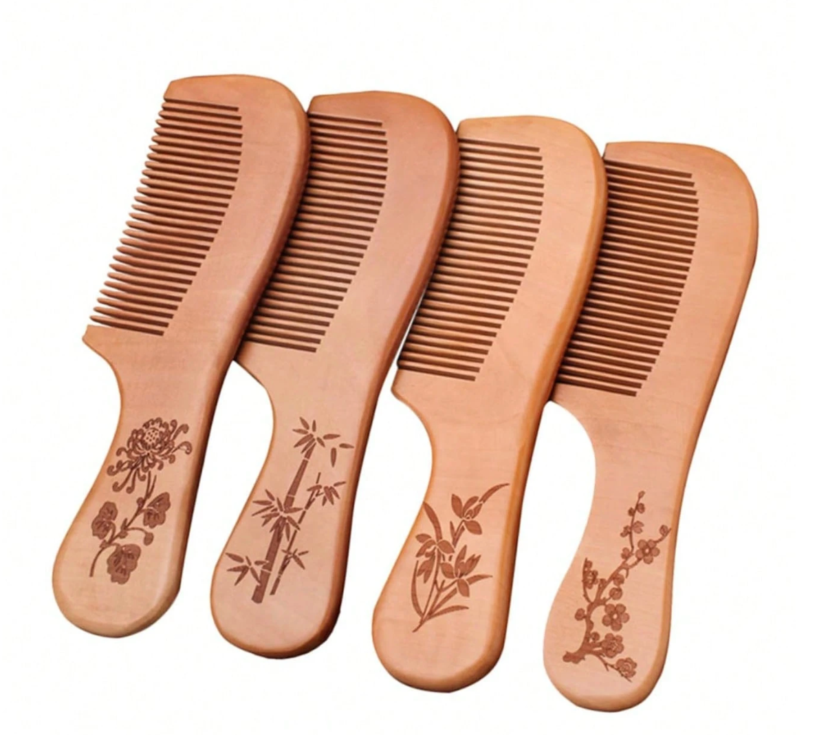 1pc Large Peach Wood Anti-Static Handy Hair Comb, Gift Comb With Plum, Orchid, Bamboo, Chrysanthemum Pattern